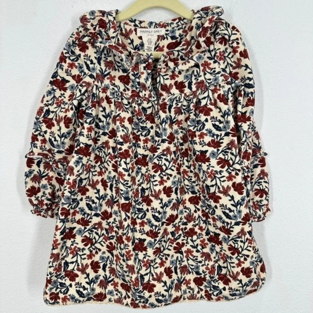 Happily Grey Girls Size 3T Dress Fall Floral Corduroy Ruffle Neck Long Sleeve